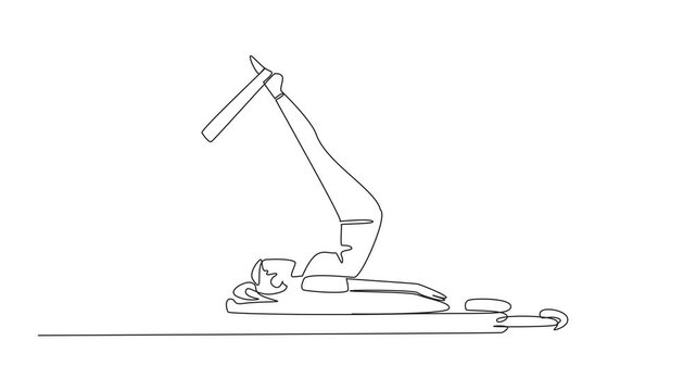 Animation of single continuous line drawing woman posing on fitness equipment. Exercise to maintain body. Make it always healthy. Training. Adult women activities. Pilates Day. Full length motion