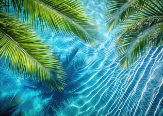 Serene blue water, dappled with palm leaf shadows, evokes zen tranquility from above.