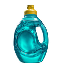 Turquoise liquid detergent bottle with yellow top cap, ideal for laundry and cleaning products. Isolated on transparent background, png cut-out	