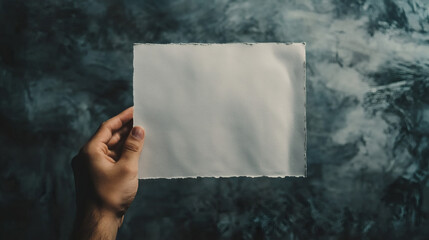 Naklejka premium Hand holding blank paper, dark background, design mockup