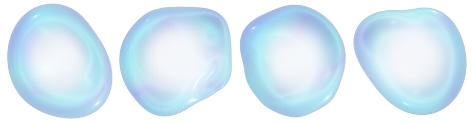 Set of holographic soap bubbles rendered in 3D, isolated on transparent background. The bubbles exhibit a captivating blend of colors and shapes.