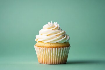 A single frosted cupcake appears in front of a colorful backdrop