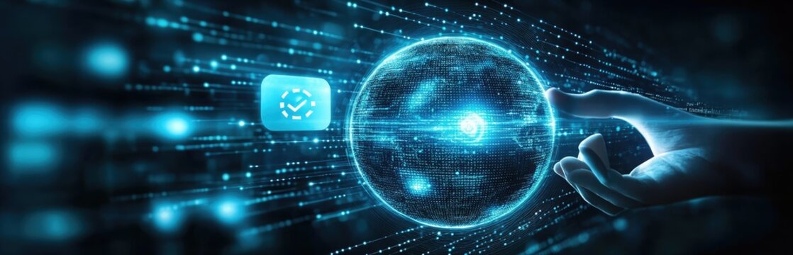 Digital Globe with Hand, Verified Icon and Blue Light Trails on Transparent Background - Powered by Adobe