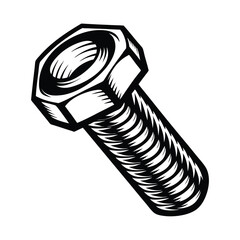 Detailed Isolated Black and White Bolt Illustration, Mechanical Component with Hex Head