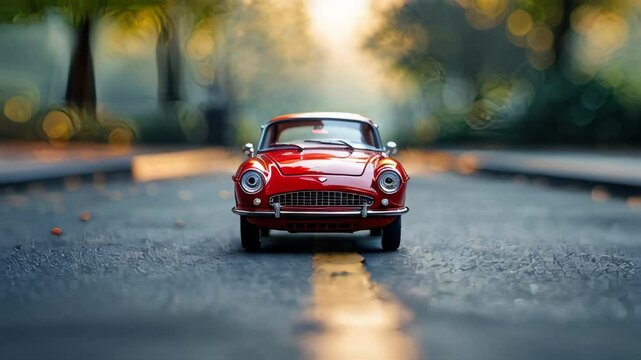 A red vintage car model sits parked on a quiet street, bathed in the soft glow of the evening light