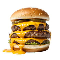 Double-patty hamburger with extra cheese dripping on a transparent background PNG  