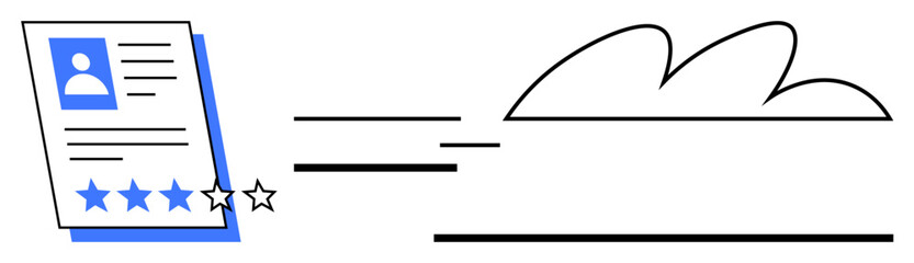 Profile card with user image, details, and four-star rating moving toward cloud icon. Ideal for data storage, rating systems, user profiles, reviews, cloud computing, speed flat simple metaphor