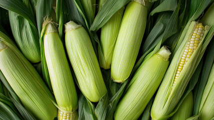 Obraz premium Close-up of freshly picked corn cobs with husks partially peeled back, showing golden kernels, surrounded by green corn stalks in the field 