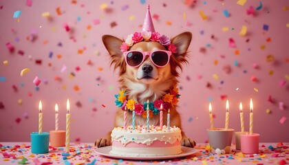 A darling chihuahua celebrates its birthday, wearing a party hat and sunglasses, surrounded by confetti and a delicious cake with lit candles, in a vibrant pink setting.