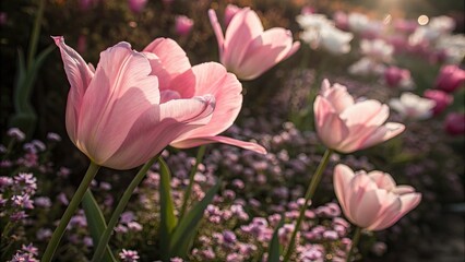 Fototapeta premium Soft focus pink tulips bloom at night, a low-light floral bokeh background.