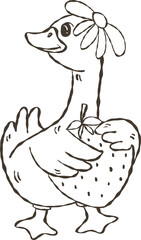 Outline Strawberry groovy goose, summer Spring goose, Funny goose, Meme Trendy design. summer Strawberry Goose