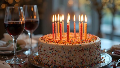 A celebratory birthday cake adorned with brightly colored candles and sprinkles, bathed in warm, inviting light, promising joy and sweet delights.