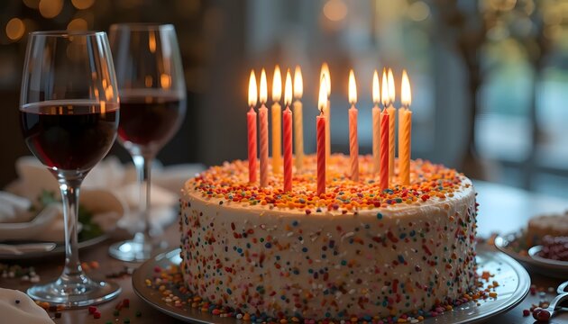 A celebratory birthday cake adorned with brightly colored candles and sprinkles, bathed in warm, inviting light, promising joy and sweet delights.
