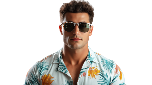 Young man in casual beachwear and sunglasses, looking confidently at camera, tanned skin, short sleeve shirt with sea motif, cinematic lighting, no hands, white background PNG  - Powered by Adobe