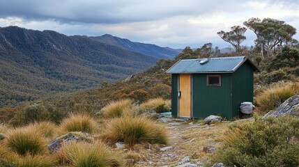 A small green hut sits high on a mountain hillside overlooking the landscape