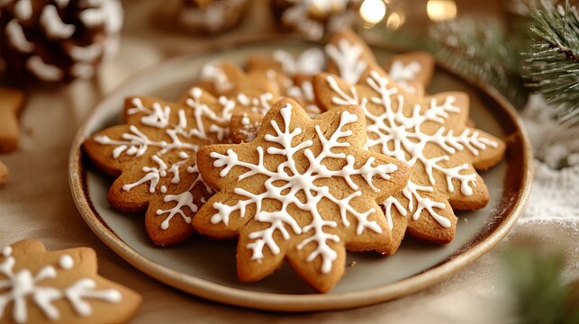 Close up of snowflake shaped gingerbread cookies decorated with white icing on a plate festive treats