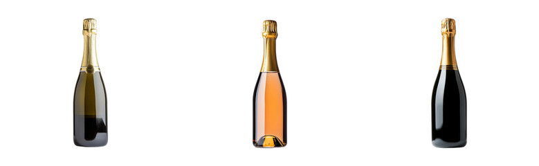 Champagne bottles trio with gold foil caps, cut out - stock png