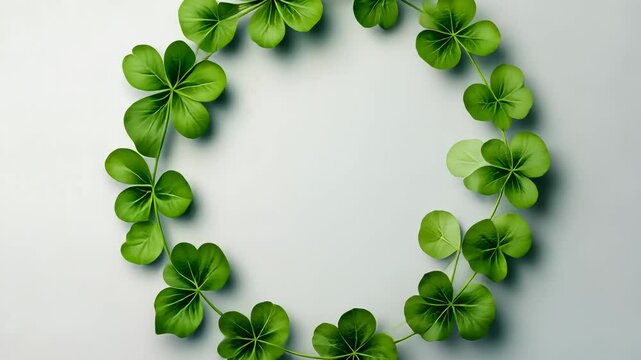 Verdant circular for green four leaf clover wreath crafted from overlapping, symbolizing natural harmony against pristine white surface space frame postcard for Patrick's Day Copy a for text video 4k