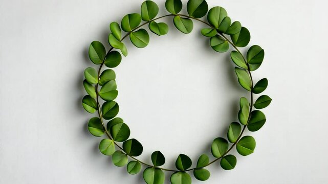 Day crafted frame green four leaf clover wreath circular from overlapping, symbolizing natural harmony against pristine white surface for a postcard for Verdant Patrick's video 4k