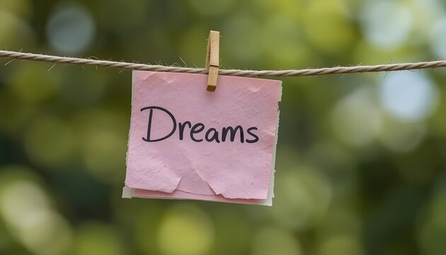 A gentle reminder to chase your dreams, hanging on a clothesline outdoors with a blurred natural green background.