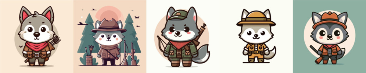collection of cute wolf vectors wearing hunter clothes