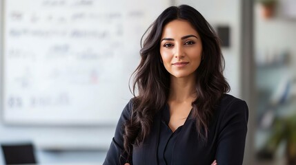Confident young woman standing in office setting, exuding professionalism with long wavy hair and a black outfit, ideal for business themes.