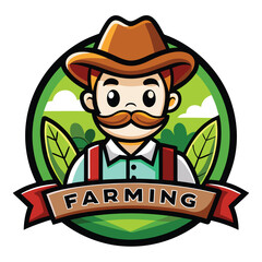 Cartoon Farmer With Wheat Ears, Red Ribbon and Brown Hat Happy Caucasian Man