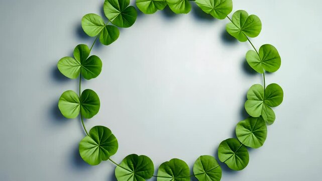Verdant circular frame green four leaf clover wreath crafted from overlapping, symbolizing natural harmony against pristine white surface for a postcard for text Day Copy space for Patrick's video 4k