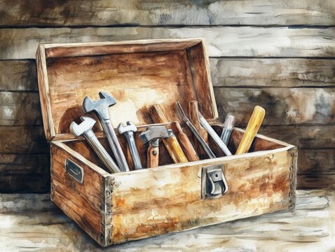 Detailed watercolor painting of a rustic wooden toolbox filled with various hand tools, ideal for carpentry, repair, and craftsmanship themes.

