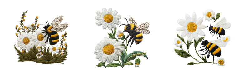 Intricate embroidered bees and daisies in detailed textile art, cut out - stock png