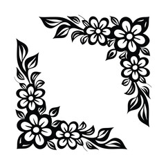 Floral Corner Frame, Black Flowers, Leaves, Square Arrangement, Decorative Element