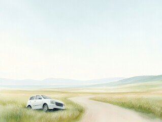 Fototapeta na wymiar White car off rural dirt road in grass field 