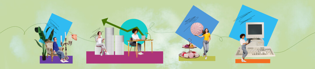 Creative collage showcasing lifestyle, design, and modern trends with vibrant art and dynamic...