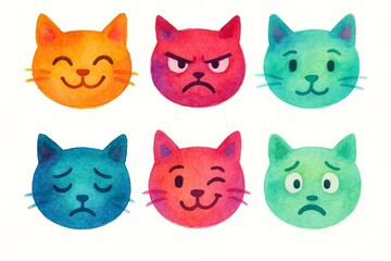 Expressive Watercolor Cat Faces, Vibrant Emotion, Visual Delight in Simple Faces