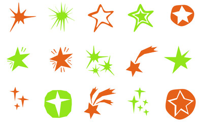 set of colorful icons, cute abstract geometric paper cut star sparkle doodle variation. orange red and lime colored. vector hand drawn artwork. decoration. illustration. art. drawing. Cutout elements 