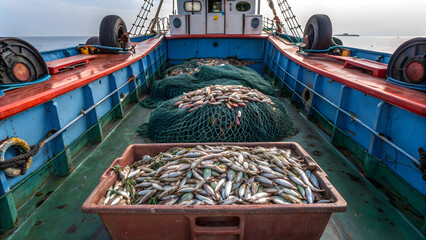 tariff barrierFishing boat loaded with fresh catch, showcasing bounty of sea despite tariff barriers