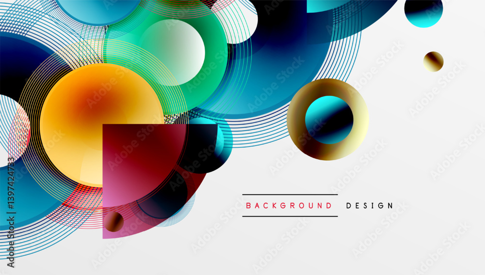 Aufkleber Abstract composition featuring overlapping circles, squares, lines. Vibrant colors blend, creating dynamic visual effect. Modern design suitable for backgrounds, presentations.