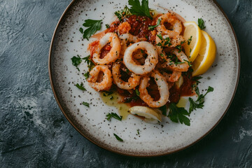 Fried calamari rings with lemon on a speckled plate
