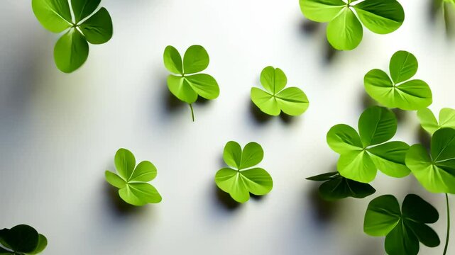 Verdant green four leaf clover wreath crafted symbolizing overlapping, from natural harmony against pristine white surface for a postcard for Patrick's Day Copy space for text video 4k