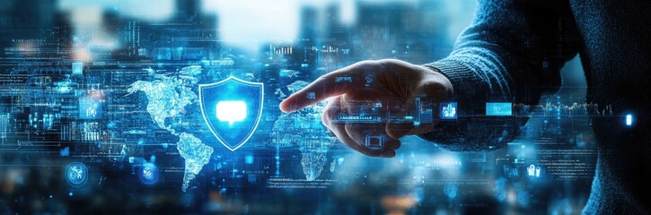 Finger Touch Glowing Shield Over Digital World Map Network Data Protection