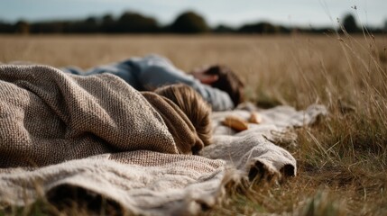 Obraz premium A cozy scene of two people resting under blankets in a sunlit field, suggesting relaxation and warmth on a peaceful day.