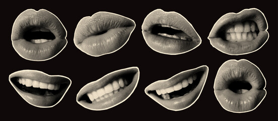 Set of halftone lips showing various emotions. Modern cutouts of lips in collage style.Mouth, teeth, lips, tongue. Torn paper elements featuring parts of the face for social media and banners