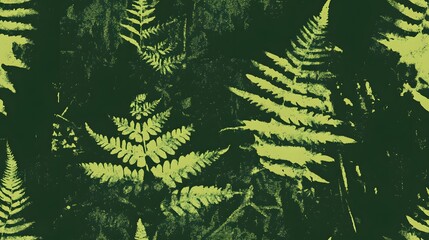A patterned design of pressed fern leaves in muted greens and yellows.