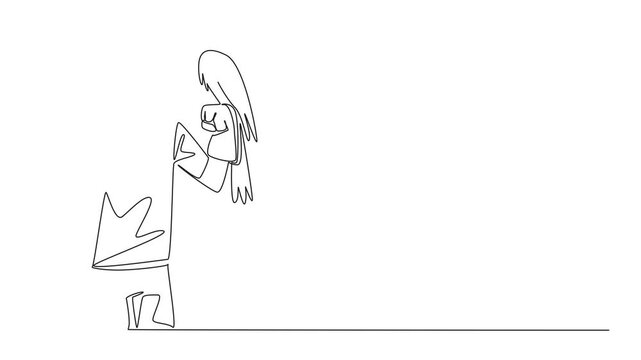Animated self drawing of single one line drawing eagle perched on hand of man. One of many large, thick billed, large footed birds of prey. Strong talons. Man Holding Bird. Full length animation