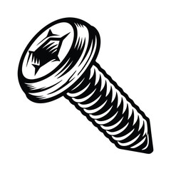 Isolated Black And White Screw Head with Shank, Threads, Cross Recessed Drive