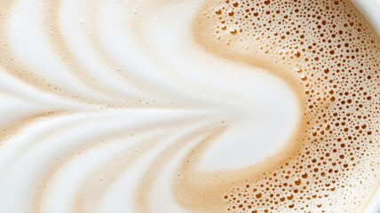 Close-up of latte art with frothy milk, showcasing intricate patterns and creamy texture in a coffee cup.