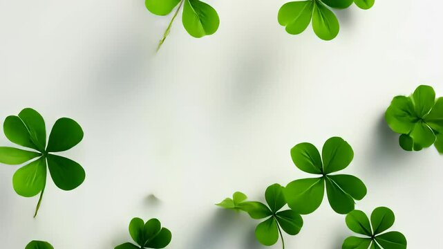Verdant green four natural clover Day crafted from leaf symbolizing overlapping, harmony against pristine white surface for a wreath for Patrick's postcard Copy space for text video 4k