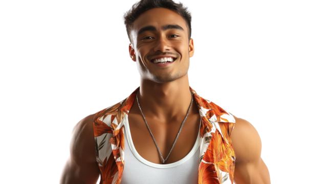 Smiling man in Hawaiian shirt and white tank top underneath, tanned and sunburnt skin tones, cinematic contrast, cropped waist, no hands, white background PNG
