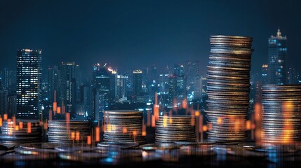 Fototapeta premium Nighttime Cityscape with Rising Coin Stack and Financial Visuals