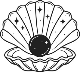 Open clam with pearl in vintage line art elegant seashell design, luxury ocean treasure concept